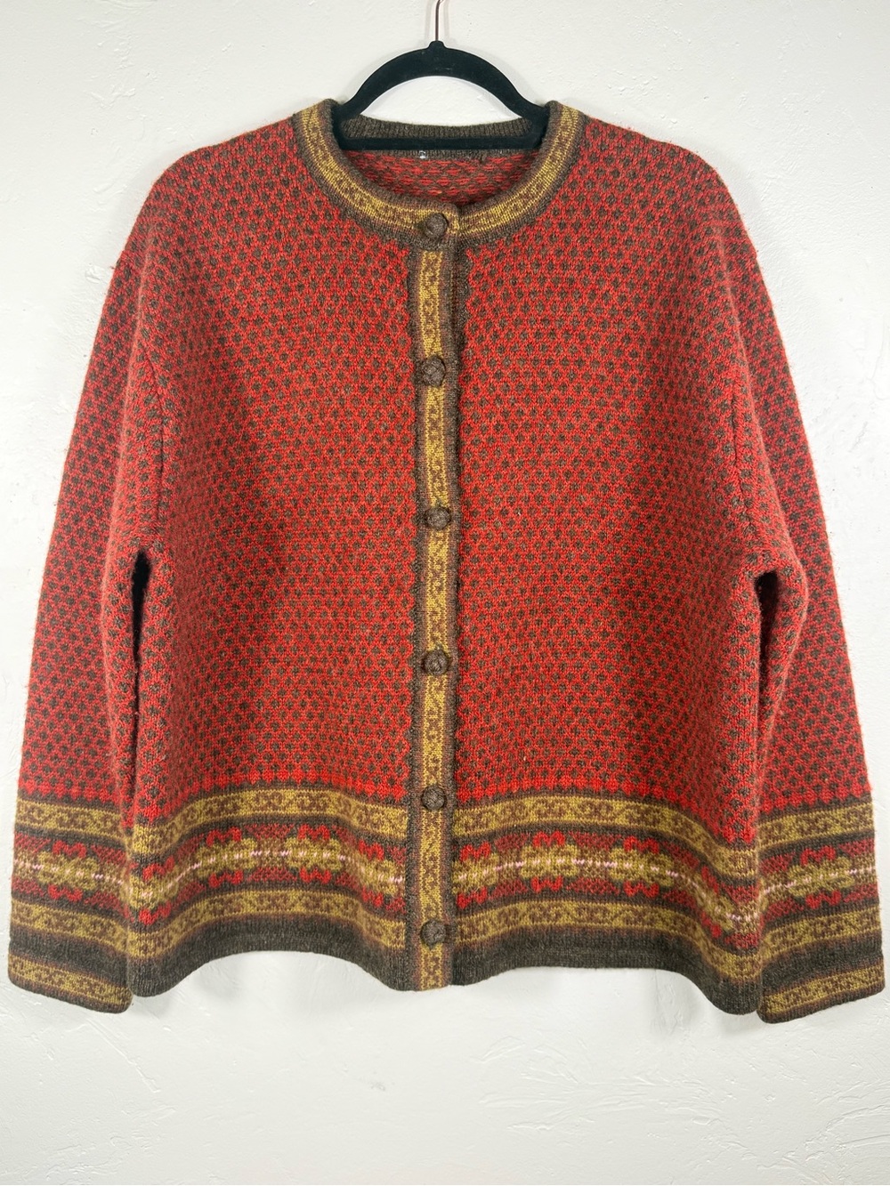 Skyr Vintage Women’s Wool Red Nordic Fair Isle Knit Cardigan Sweater XL